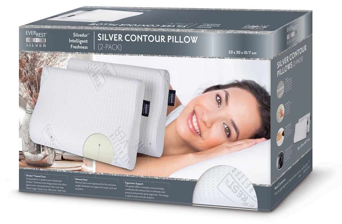 Silver Contour Pillows - 2 Pack - Silvadur Infused - Bacteria Protection - EverRest Live Better
