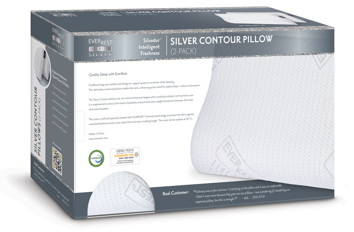 Silver Contour Memory Foam Pillows - Two Pillows One Package - EverRest Live Better