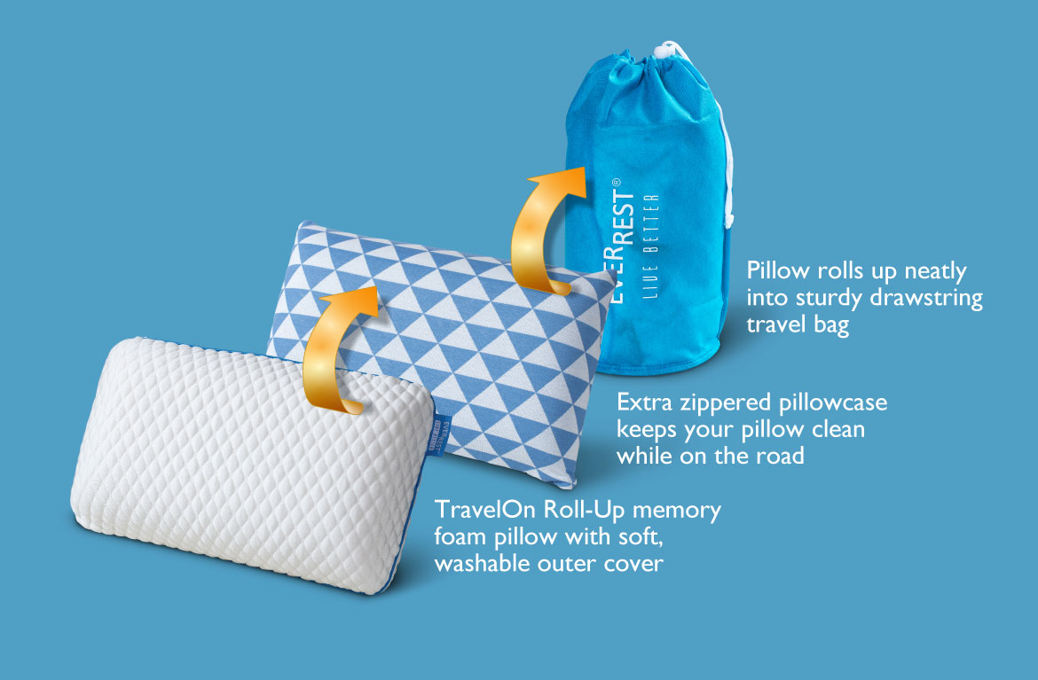 Travel Pillow - Roll-up Diagram - TR-116ss - Roll-up Memory Foam Pillow - extra zippered pillowcase - EverRest Live Better