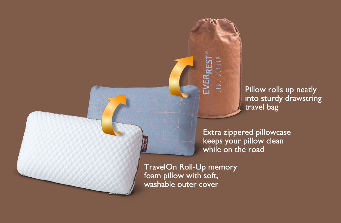Travel Pillow - Roll-up Diagram - TR-118 - Roll-up Memory Foam Pillow - extra zippered pillowcase - EverRest Live Better