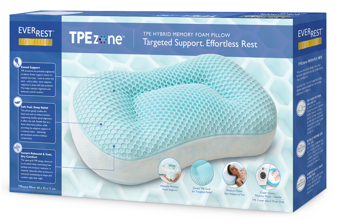 TPE존 하이브리드 베개 - 조절형 메모리폼 베개 - TPE 그리드 베개 - 유연한 메모리폼 베개 - 맞춤 지지 베개 - 압력 분산 베개 - 세척 가능한 커버 - 조각 메모리폼 충전재 - EverRest Live Better