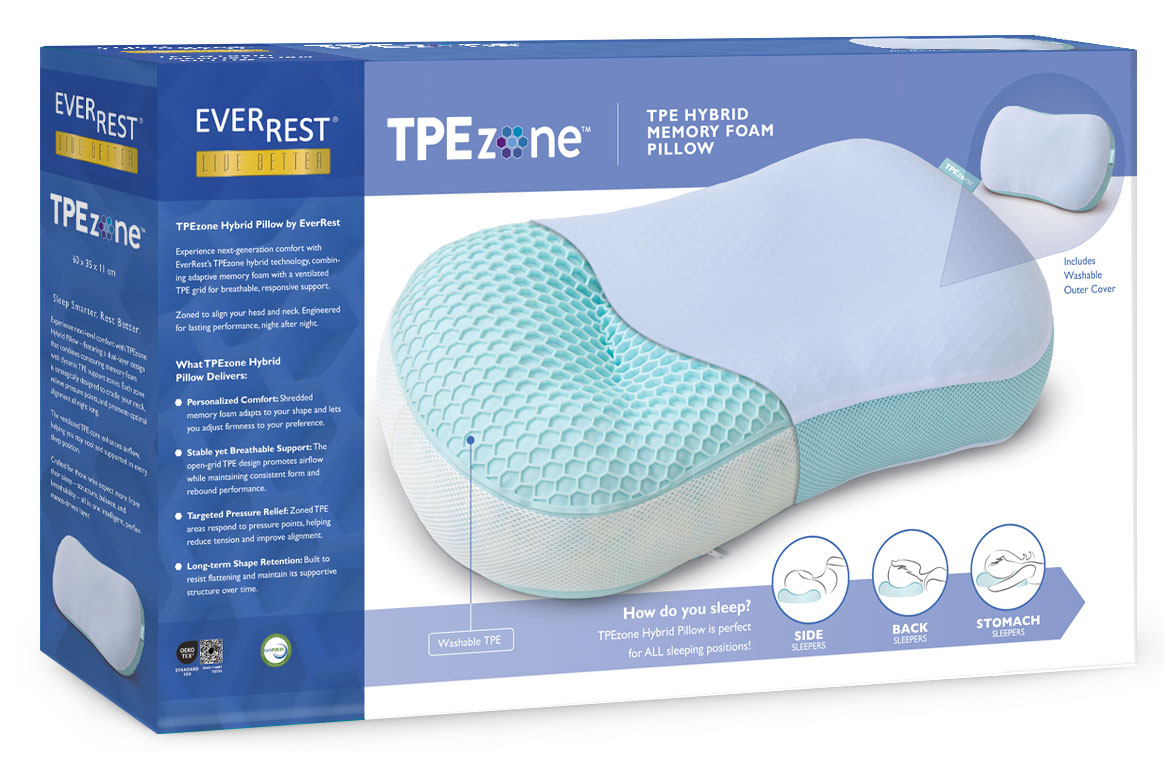 TPE존 조절형 베개 - 압력 분산 메모리폼 베개 - 부위별 지지 베개 - 모든 수면 자세에 맞는 메모리폼 베개 - 세탁 가능한 커버 - 조각 메모리폼 충전재 - EverRest Live Better