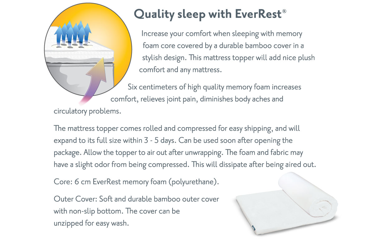 Memory foam topper - Mattress Topper Bamboo Cover - six centimeters high-quality memory foam - Super Single Mattress topper - EverRest Live Better