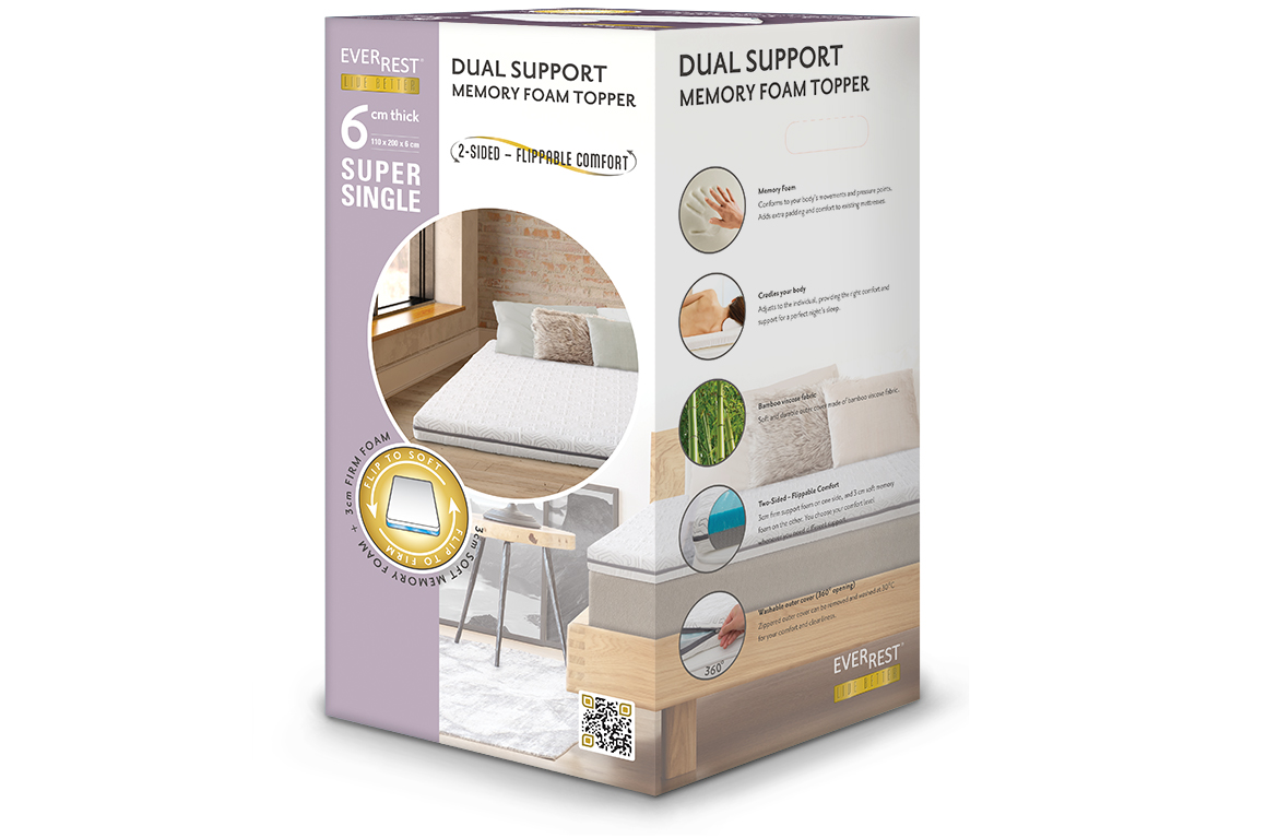 Dual Support Memory foam topper - Bamboo Viscose Fabric Cover - 3cm of Soft Support - 3cm of Firm support - Super Single Mattress topper - Two Levels of Support - EverRest Live Better